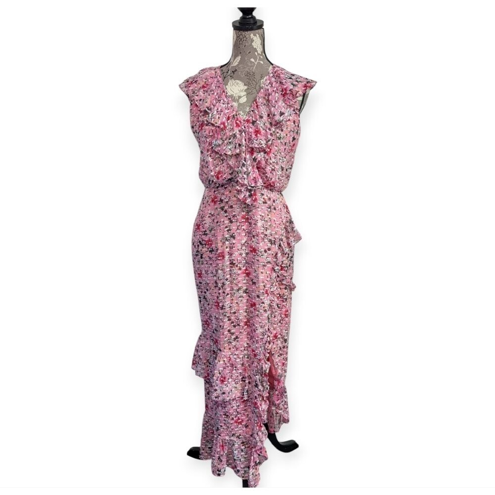 Saloni Pink Ruffle Midi Dress